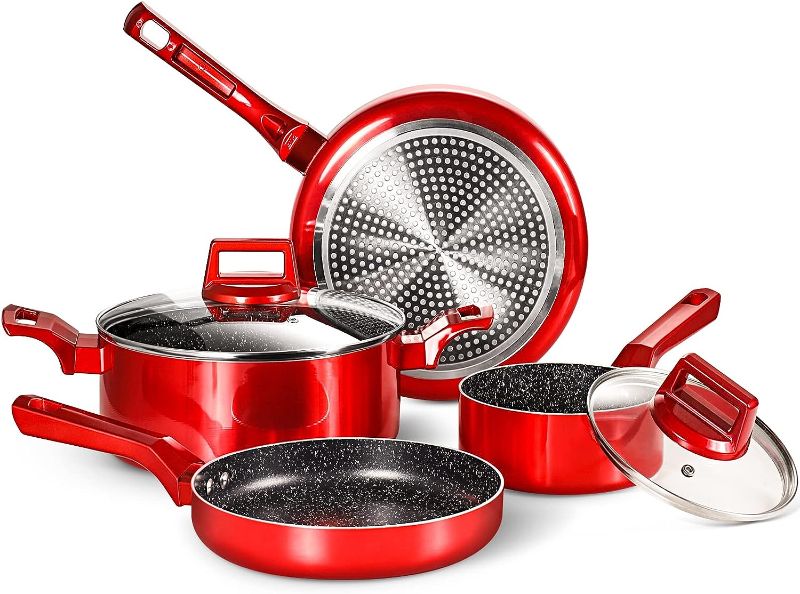 Photo 1 of 6 Pcs Pots and Pans Sets, Nonstick Cookware Set, Induction Pan Set, Chemical-Free Kitchen Sets, Stone-Derived Coating, Saucepan, Stock Pot, Frying Pan, Red
