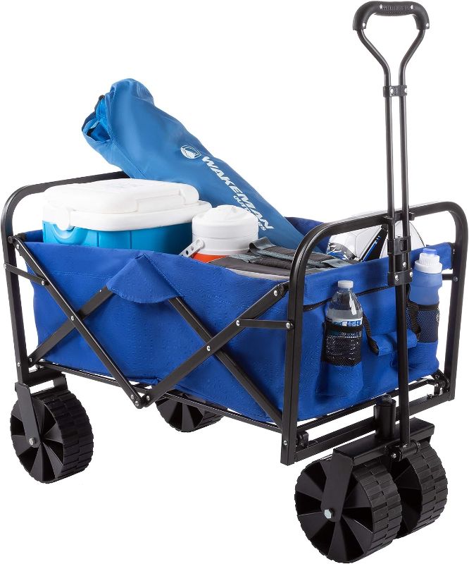 Photo 1 of Folding Wagon – Collapsible All-Terrain Utility Pull Cart with Extra Wide Wheels for Camping, Beach, Sports or Grocery Shopping by Wakeman Outdoors, Blue (HW4700073)
