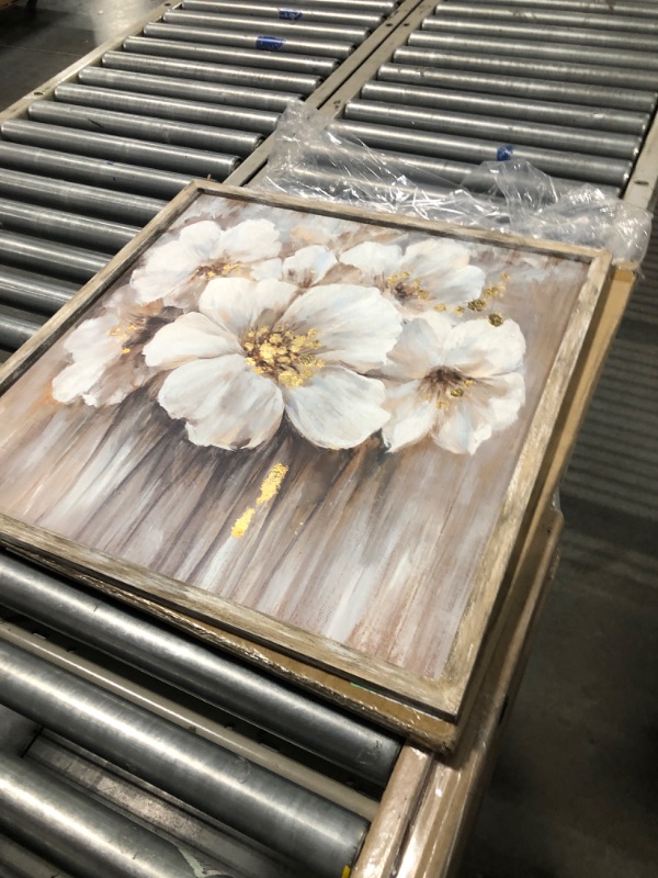 Photo 2 of Abstract Botanical Wooden Artwork Framed: White Lily with Golden Foil Oil Painting Floral on Wood Plank for Living Room (24”W x 24”H, Multi-Sized)
