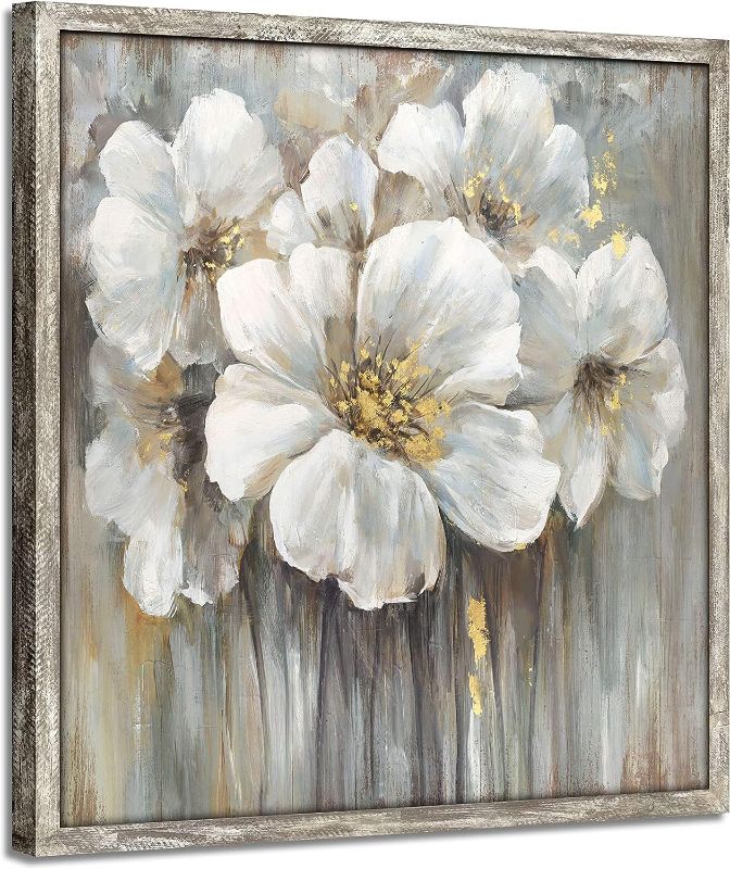 Photo 1 of Abstract Botanical Wooden Artwork Framed: White Lily with Golden Foil Oil Painting Floral on Wood Plank for Living Room (24”W x 24”H, Multi-Sized)
