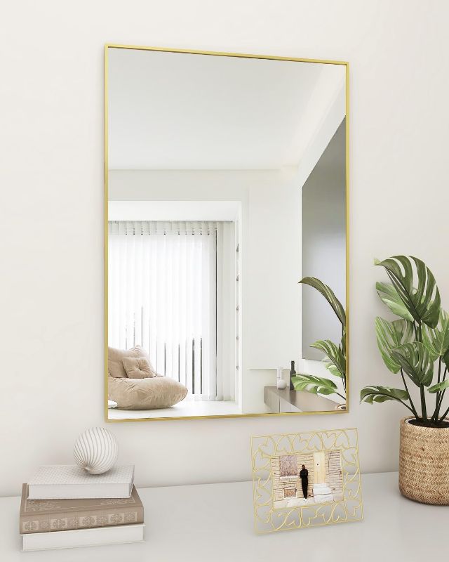 Photo 1 of BEAUTYPEAK Wall Mirror 20" x 28" Rectangular Bathroom Mirror with Metal Frame, Hanging Mirrors for Living Room Bedroom Bathroom Entryway, Hangs Horizontal or Vertical, Gold
