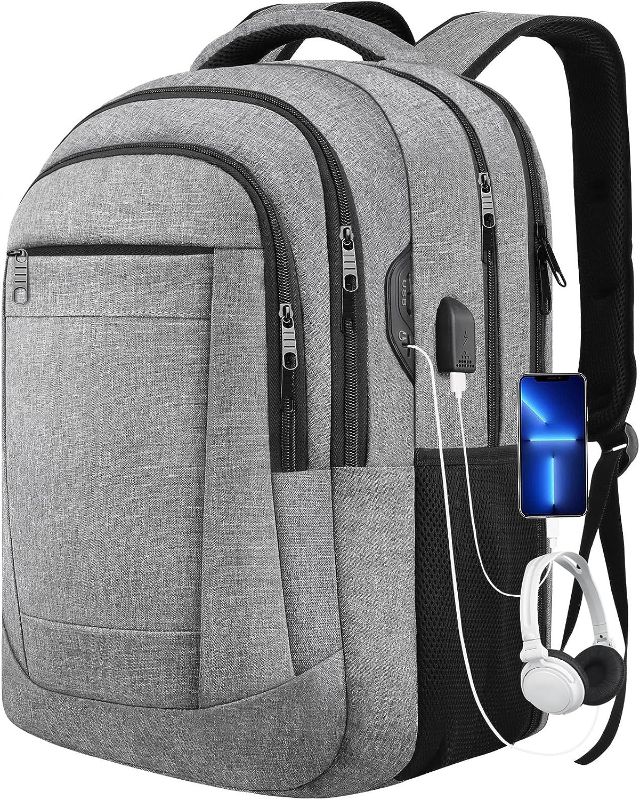 Photo 1 of Large Travel Backpack, Laptop Backpack Men, TSA Airline Approved Backpack 40L, Anti Theft Waterproof Business College Computer Bag with USB Charging Port & Headphone Hole Fits 15.6 Inch Laptop, Grey
