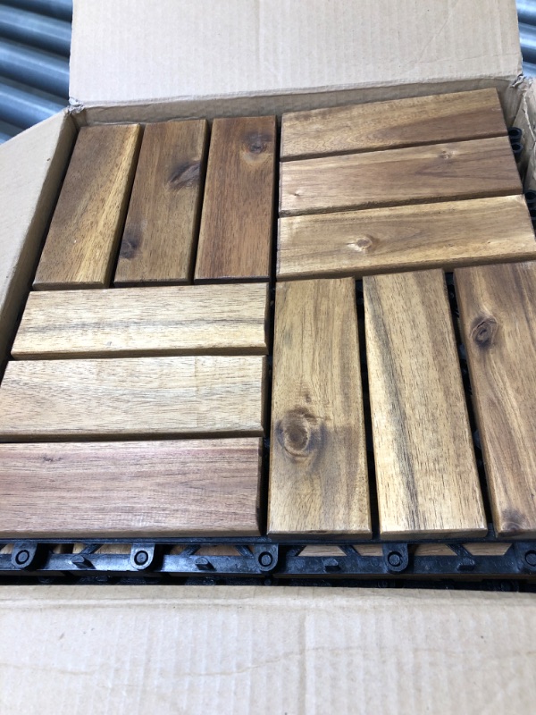 Photo 3 of A9 FURNI 12-Slat Acacia Wood Teak Color Waterproof Outdoor & Indoor Flooring Interlocking Deck Tiles (10pcs,12''x12'') - Great Balcony Wooden Garden Decking Tile & Perfect Patio Paver Kits