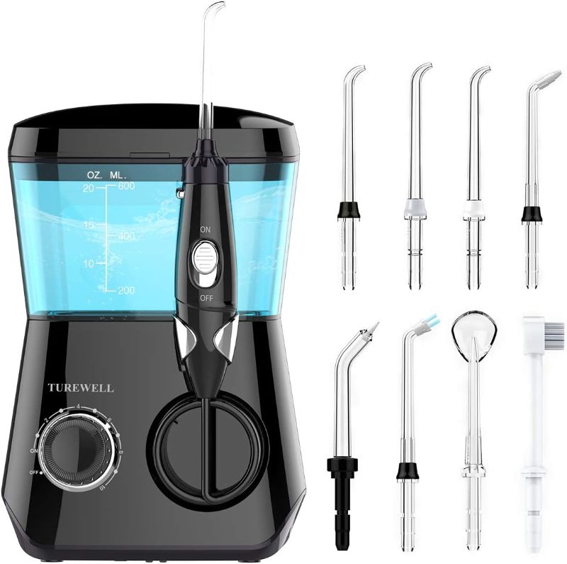 Photo 1 of Apiker Water Flosser, Oral Irrigator for Teeth Cleaning & Braces Care, with 8 Multifunctional Tips, 600ML Detachable Water Tank & 10 Water Pressure Levels, Electric Water Dental Oral Flosser for Home A-white