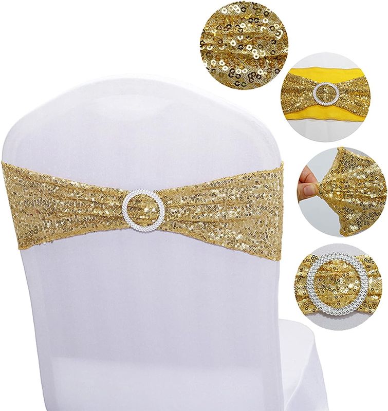 Photo 1 of 10Pack Chair Sashes Sequin Stretchy Spandex Bands Decorative Bows Decor for Wedding Party Home Chair Cover Sash Decorations Gold