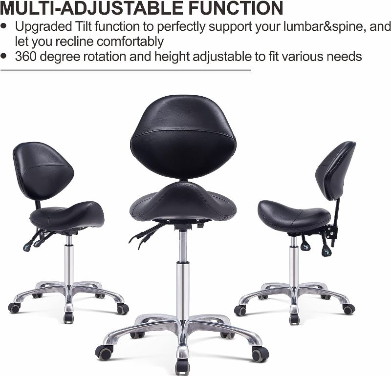 Photo 1 of MWOSEN Saddle Stool Chair with Back Rolling Esthetician Seat for Salon Tattoo Shop Spa Facial lash Home Dentist Clinic Esthetician Chair(with Back Support, Black) Black With Backrest