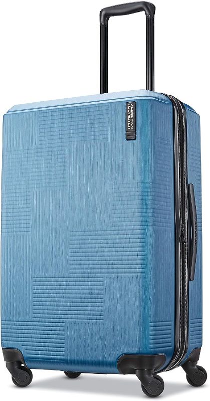 Photo 1 of American Tourister Stratum XLT Expandable Hardside Luggage with Spinner Wheels, Blue Spruce, Checked-Medium 24-Inch