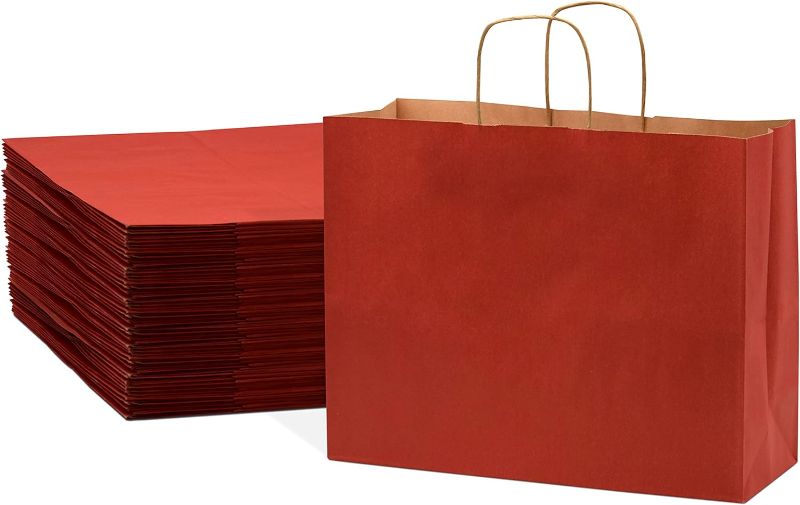 Photo 1 of  Large Red Gift Bags - 12x4x10 Inch Kraft Paper Shopping Bags with Handles, Craft Totes in Bulk for Boutiques, Small Business, Retail Stores, Birthday Parties, Christmas, Valentines, Holidays
