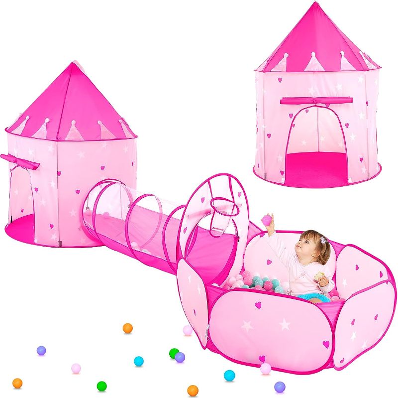 Photo 1 of 3pc Kids Play Tent for Girls with Ball Pit, Crawl Tunnel, Princess Tents for Toddlers, Baby Space World Playhouse Toys, Boys Indoor& Outdoor Play House, Perfect Kid’s Gifts
