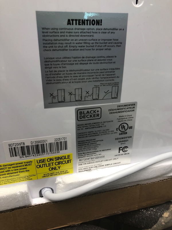 Photo 5 of BLACK+DECKER 1500 Sq. Ft. Dehumidifier for Medium to Large Spaces and Basements, Energy Star Certified, Portable, BDT20WTB , White