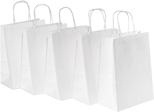 Photo 1 of 15 Pack 8x4.5x10.8 Inch Medium White Kraft Paper Bags with Handles Bulk, Paper Gift Bags, Kraft Bags for Birthday Party Favors Grocery Retail Shopping Business Goody Craft Bags