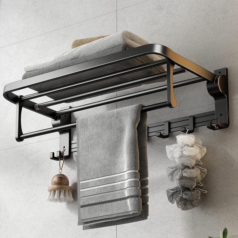Photo 1 of 24 Inch Towel Rack with Towel Bar Holder Foldable Towel Shelf with Movable Hooks Rustproof Towel Storage Wall Mount for Bathroom Lavatory Matte Black
