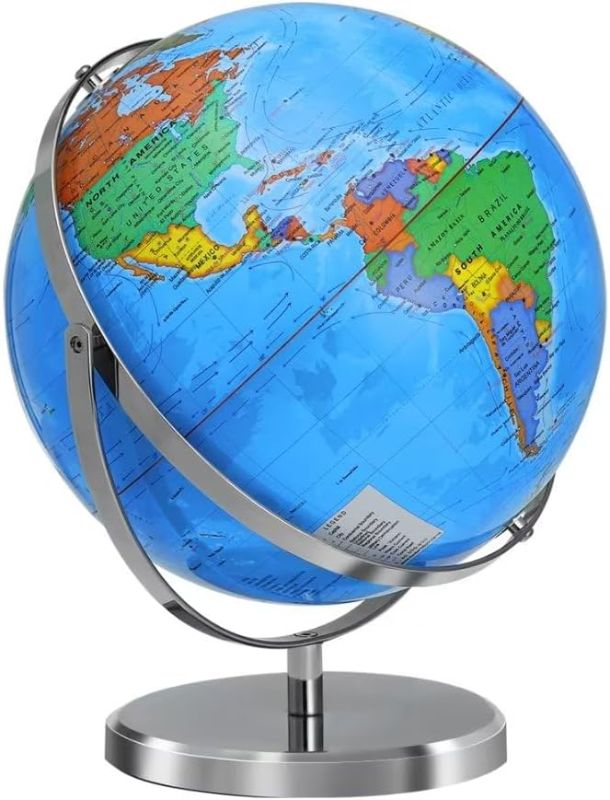 Photo 1 of 13" World Globe with Stand, 720° Swivels in All Directions, Stainless Steel Stand, Geographic/Decorative Desktop Decoration World Globe Map with Clear Text for Home, School, Office
