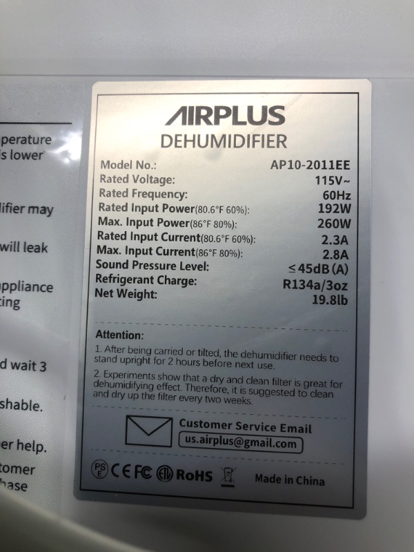 Photo 4 of AIRPLUS 30 Pints 1,500 Sq. Ft Dehumidifier for Basement, Powerful Dehumidifier for Home with Drain Hose (AP2011N) Fine