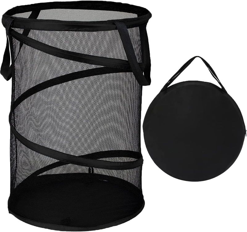 Photo 1 of BATTOO Black X-Large Collapsible Laundry Basket Foldable Mesh Pop Up Hamper with Handles for Laundry Room, Bathroom, Kids Room, College Dorm, Travel, Camping, Gift Basket
