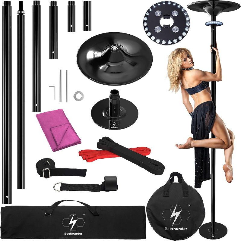 Photo 1 of Beethunder Black Pole Portable Stripper Pole for Home | Spinning Pole and Static Dancing Pole for Fitness | Adjustable Height 7-10.7ft with Carry Bag and Light, Ideal Stripper Pole for Your Bedroom.
