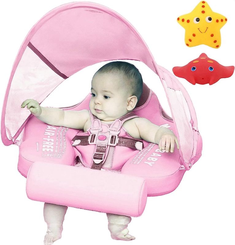 Photo 1 of 2023 New Mambobaby Add Tail Never Flip Over Non-Inflatable Baby Swim Float Pearl Foam Solid Water Floats Smart Swim Trainer Infant Pool Float Swim Ring with Sun Canopy