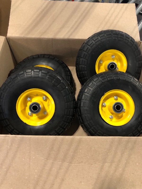 Photo 3 of 4.10/3.50-4 tire and Wheel Flat Free,10" Solid Tire Wheel with 5/8" Bearings,2.1" Offset Hub,for Gorilla Cart,Garden Carts,Dolly,Trolley,Dump Cart,Hand Truck/Wheelbarrow/Garden Wagon (4-Pack)
