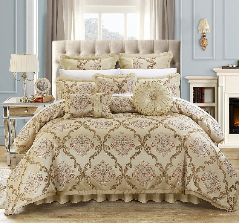 Photo 1 of 9 Piece Aubrey Decorator Upholstery Quality Jacquard Scroll Fabric Complete Master Bedroom Comforter Set and Pillows
