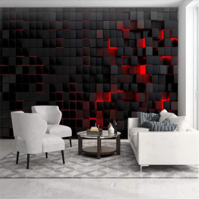 Photo 1 of 3D Wallpaper Mural Living Room Wallpaper Modern Technology red Light, Glowing Black Cubes, Home Decoration-self-Adhesive PVC Wallpaper
