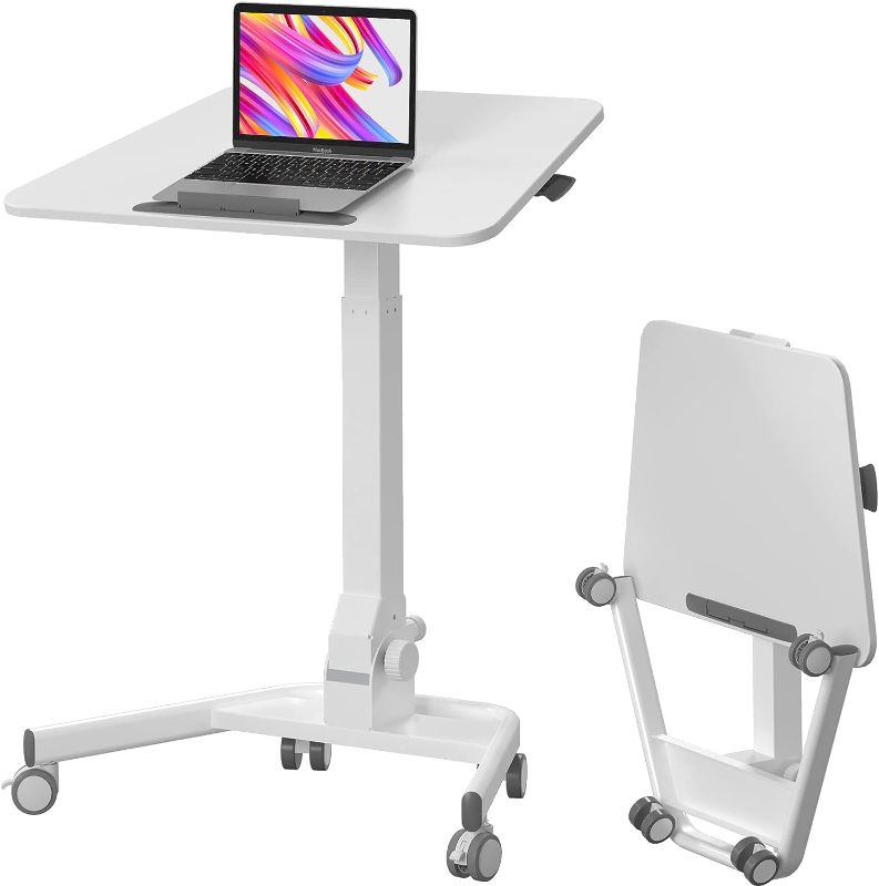 Photo 1 of Joy Seeker Foldable Mobile Standing Desk, Pneumatic Height Adjustable and Tilt Rolling Sit Stand Desk, 90° Tiltable Portable Laptop Desk Cart on Wheels White Workstation for Home Office, Easy to Fold
