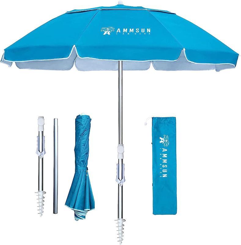 Photo 1 of AMMSUN 6.5ft twice folded Portable beach umbrella with sand anchor windproof, Tilt pole Air vent UPF 50+ Protection Fits in a large Suitcase for travel Patio Garden Pool Backyard Sky Blue
