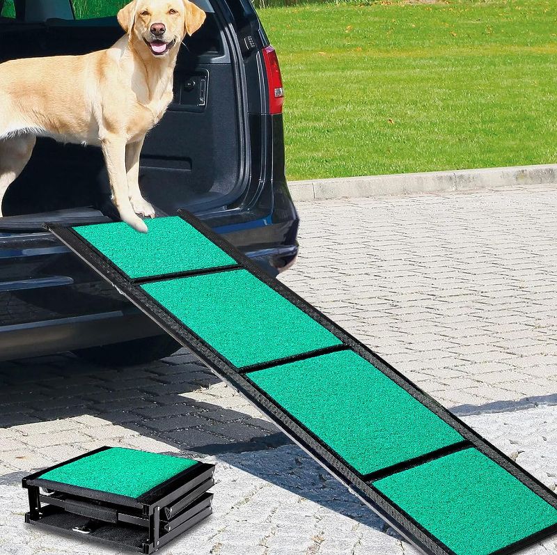 Photo 1 of 62" Folding Dog Car Ramps, Upgraded Portable Pet Ramp with Non-slip Carpet Surface, 17" Wide Dog Ramp for Cars, Suvs & Trucks, Lightweight & Durable Dog Stairs for Small Medium Large Dogs Up to 200LBS