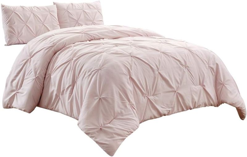 Photo 1 of 3 Piece Microfiber Comforter Set Girls Bed Dorm Room Decor Pinch Pleat Pintuck Down Alternative Queen Size Bedding - All Season Rose Blush Pink Bedroom Decor- JN1 (Queen 3 Piece)