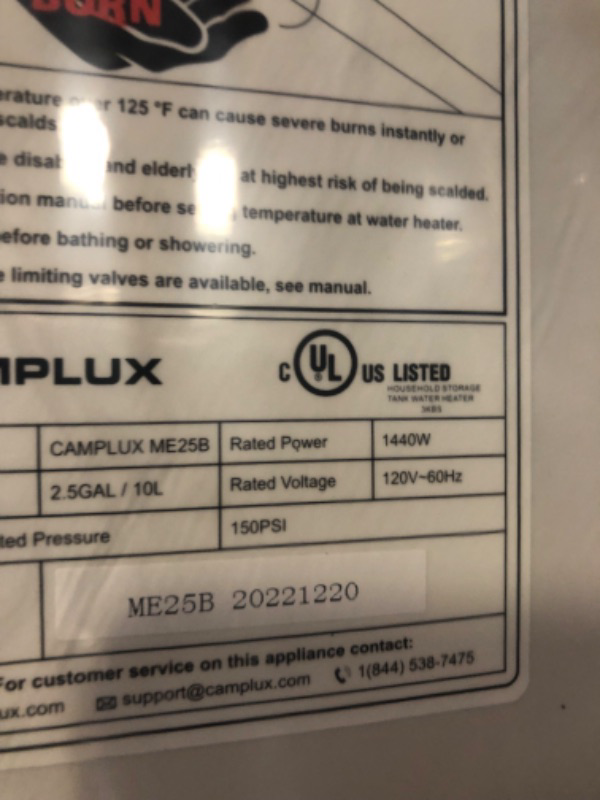 Photo 5 of Camplux Pro ME25B Mini Tank Electric Water Heater On-demand Water Heater 2.5 Gallon with Cord Plug 1.44kW at 120 Volts