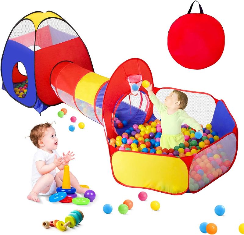 Photo 1 of GeerWest 3 in 1 Kids Play Tent for Toddler with Baby Ball Pit and Play Tunnel, Children Indoor Outdoor Playhouse with Climbing Tunnel Toy for Toddlers, Boys and Girls Best Birthday Gifts