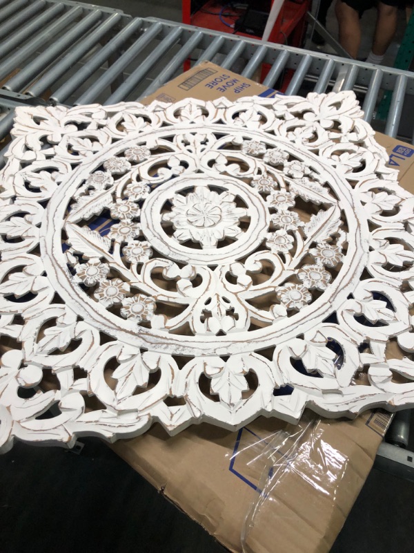 Photo 4 of Deco 79 Wood Floral Handmade Intricately Carved Wall Decor with Mandala Design, 36" x 2" x 36", White