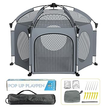 Photo 1 of Portable Playpen for Babies and Toddlers - PRObebi Pop Up Playpen for Baby with Three Sun-Shade, Lightweight Outdoor Play Yard - Beach Playpen with Travel Bag - for Home & Indoor Use - Grey A-Grey