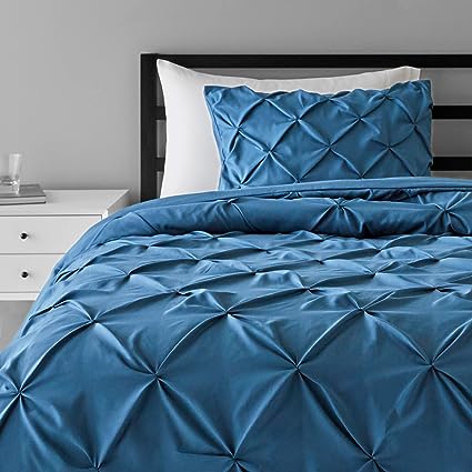 Photo 1 of Amazon Basics Pinch Pleat Down-Alternative Comforter Bedding Set - Full / Queen, Spa Blue & Microfiber Sheet Set