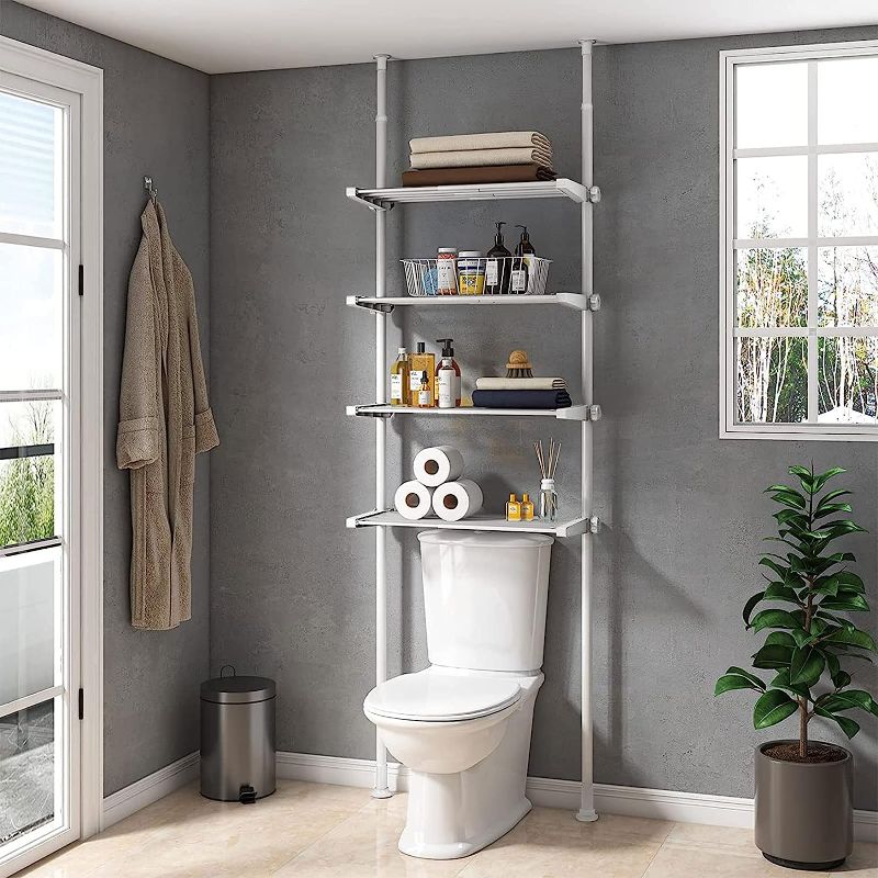 Photo 1 of ALLZONE Over The Toilet Storage, Tall Bathroom Organizer, 4-Tier Adjustable Shelves for Small Room, Saver Space, 92 to 116 Inch Tall, White
