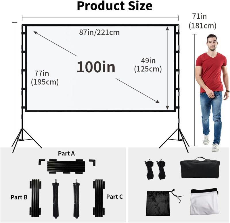 Photo 1 of Projector Screen with Stand,Towond 100 inch Outdoor Projector Screen Portable Indoor Projection Screen 16:9 4K Rear Front Movie Screen with Carry Bag for Home Backyard Theater
