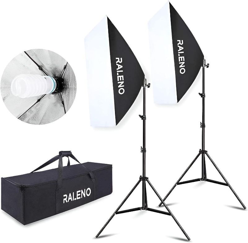 Photo 1 of RALENO Softbox Photography Lighting Kit 20"X28" Photography Continuous Lighting System Photo Studio Equipment with 2pcs E27 Socket 5500K Bulb,Photo Model Portraits Shooting Box
