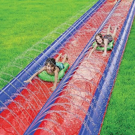 Photo 1 of Double Slip and Slide Backyard Water Fun - 25 Feet x 6 Feet Waterslide with Sprinkler and Inflatable Body Boards for Kids - Outdoor Summer Toy Blue Blue 25 Ft