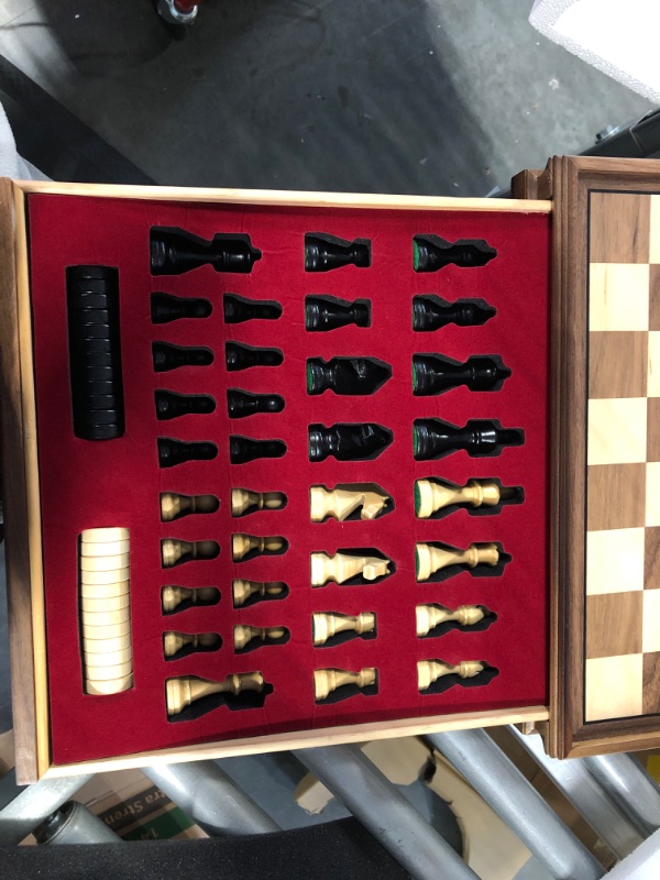 Photo 3 of A&A 15 inch Walnut Wooden Chess Sets w/ Storage Drawer / Triple Weighted Chess Pieces - 3.0 inch King Height/ Walnut Box w/Walnut & Maple Inlay / 2 Extra Queen / Classic 2 in 1 Board Games/ Chess Only Triple Weighted Pieces w/ Walnut Box