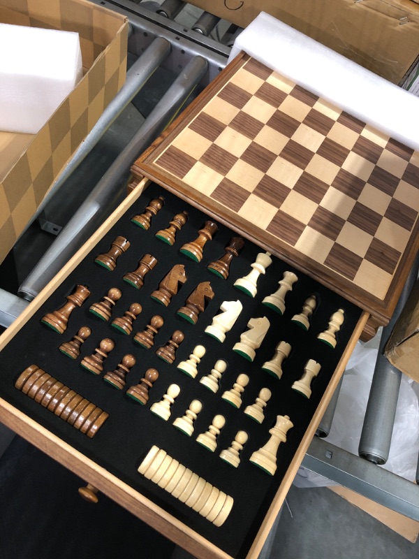 Photo 4 of AMEROUS 15" x 15" Wooden Chess & Checkers Set with Built-in Storage Drawers / Weighted Chess Pieces / 2 Bonus Extra Queens / 24 Cherkers Pieces / Classic 2in1 Board Games Chess Sets for Kids, Adults