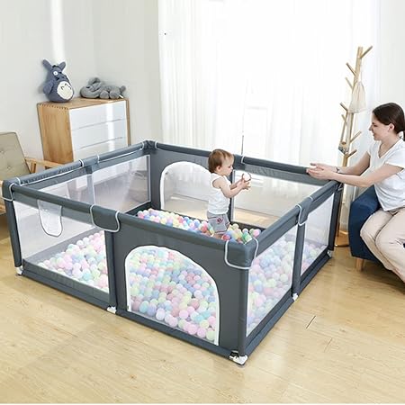 Photo 1 of flower frail Baby Playpen, Extra Large Playpen/Sturdy Safety Play Yard with Super Soft Breathable Mesh, Indoor & Outdoor Kids Activity Center with Anti-Slip Base (Grey) (1.5x1.8m)
