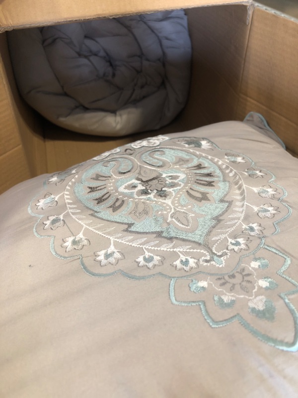 Photo 4 of 510 DESIGN Luxe Quilted Comforter Set Modern Transitional Design, All Season Down Alternative Warm Bedding Matching Shams, Bedskirt, Decorative Pillow, Queen, Shawnee Scrollwork Seafoam Shawnee Scrollwork Seafoam Queen