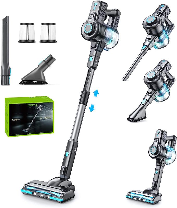 Photo 1 of ***MISSING BATTERY CHARGER***Oraimo Stick Vacuum, Cordless Vacuum Cleaner with Self-Standing, Cordless Stick Vacuum with 35 Mins Runtime Detachable Battery, 6 in 1 Lightweight Vacuum with LED for Hardwood Floor Carpet Marble Tile