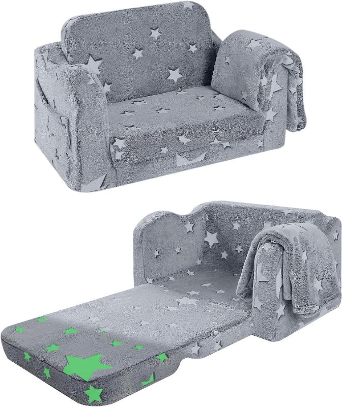 Photo 1 of MeMoreCool Kids Couch, Fold Out Flip Out Kids Sofa Chair with Blanket, Children Convertible Sofa to Lounger Pull Out Couch for Playroom, Foldable Toddler Couch for Girls Boys (Glowing Star)
