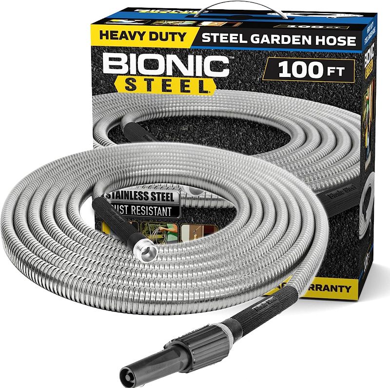 Photo 1 of Bionic Steel 100 FT Garden Hose, 304 Stainless Steel Metal Water Hose 100Ft, Flexible Hose, Kink Free, Ultra Lightweight and Durable, Crush Resistant Fitting, Easy to Coil, 500 PSI - 2023 Model
