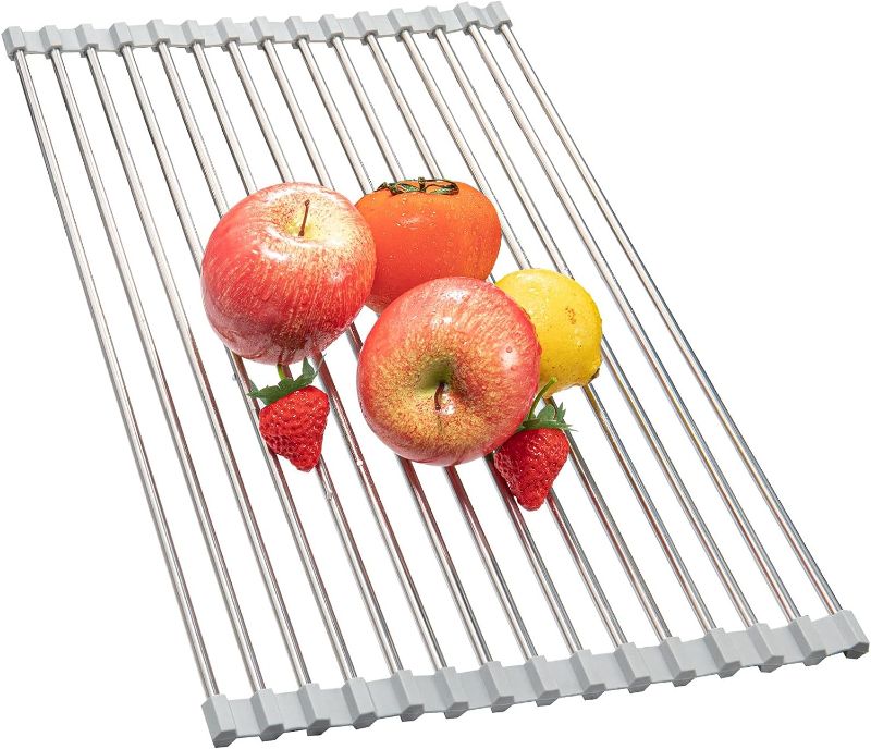 Photo 1 of  Roll Up Dish Drying Rack, Multipurpose Over The Sink Roll-Up Drying Rack, Stainless Steel Foldable Dish Drying Rack for Kitchen Counter Space Saving 