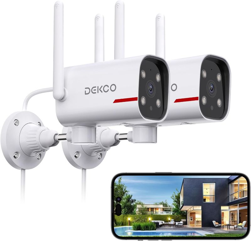 Photo 1 of Outdoor Security Camera - DEKCO 2K Pan Rotating 180° Wired WiFi Cameras for Home Security with Two-Way Audio, Night Vision, 2.4G Wifi, IP65, Motion Detection Alarm (2 Pack )
