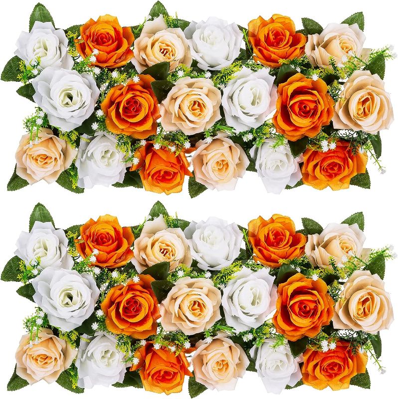 Photo 1 of  Artificial Flowers Wedding Centerpieces Decorations Fake Flowers 2 Pcs Orange Silk Floral Arrangement Dinning Table Runner Centerpiece, Rose Flower for Room Reception Table Decor
