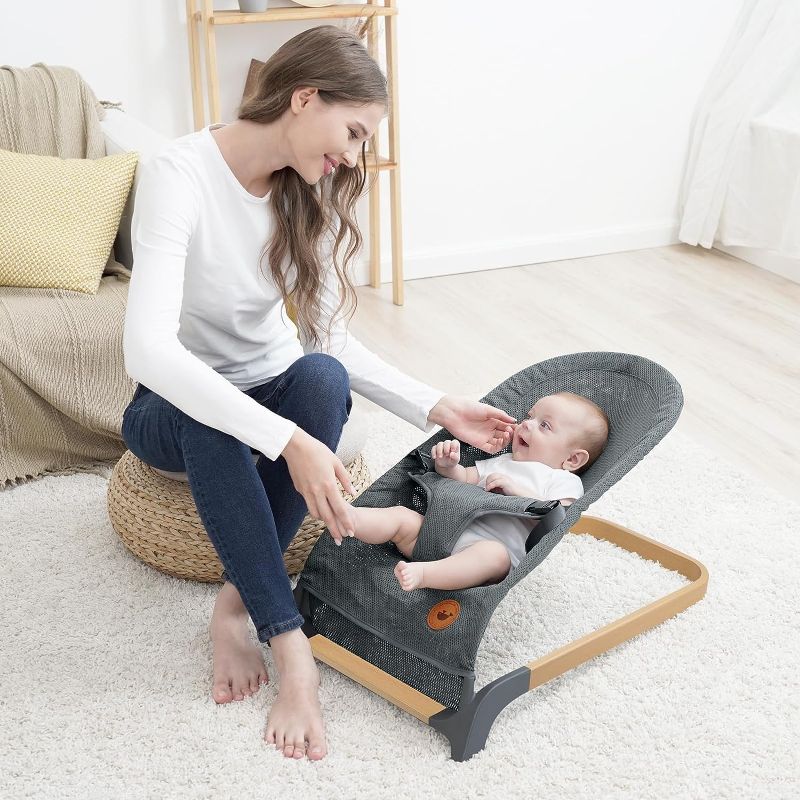 Photo 1 of ANGELBLISS Baby Bouncer, Portable Bouncer Seat for Babies, Infants Bouncy Seat with Mesh Fabric, Natural Vibrations (Dark Grey)