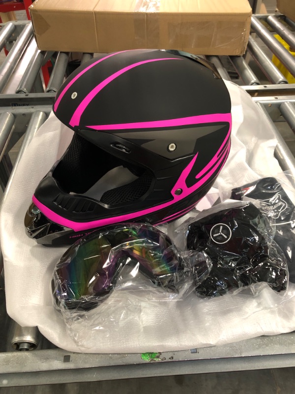 Photo 3 of Anti-Collision Dirt Bike Helmet Trend Skull ATV DOT Approved BMX Helmet SUV Mask Goggles Gloves,Dirt Bike Downhill Off-Road Mountain Bike Helmet 4-Piece Set Pink Small