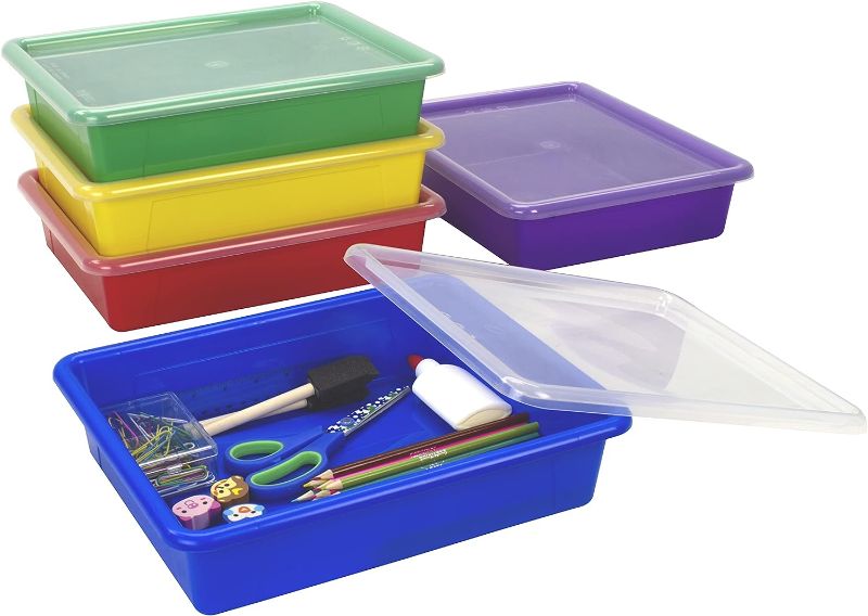 Photo 1 of 
Storex Letter Size Flat Storage Tray – Organizer Bin with Non-Snap Lid for Classroom, Office and Home, Assorted Colors, Pack of 5 (62534U05C)